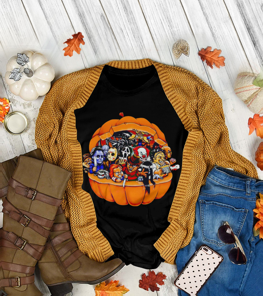 Horror Movie Characters Inside Pumpkin Halloween Icons T-Shirt