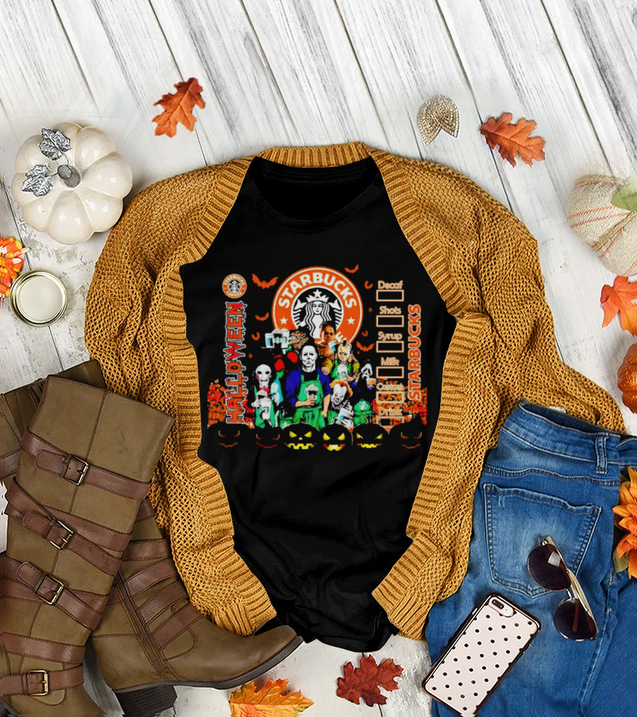 Starbucks Halloween Horror Movie Characters with Pumpkins and Decaf Shots Syrup Milk Custom Drink T-Shirt
