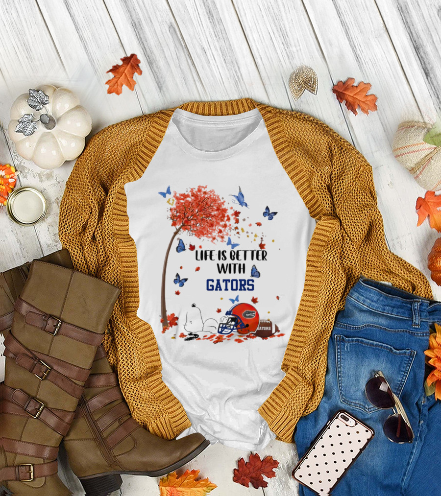 Life Is Better with Gators Snoopy Fall Leaves and Butterflies T-Shirt