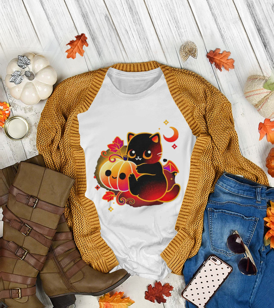 Cat Demon Halloween Moon Pumpkin Leaves Bat Wings T-Shirt