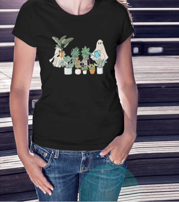Ghost Plant Lady Halloween With Plant Pots T-Shirt