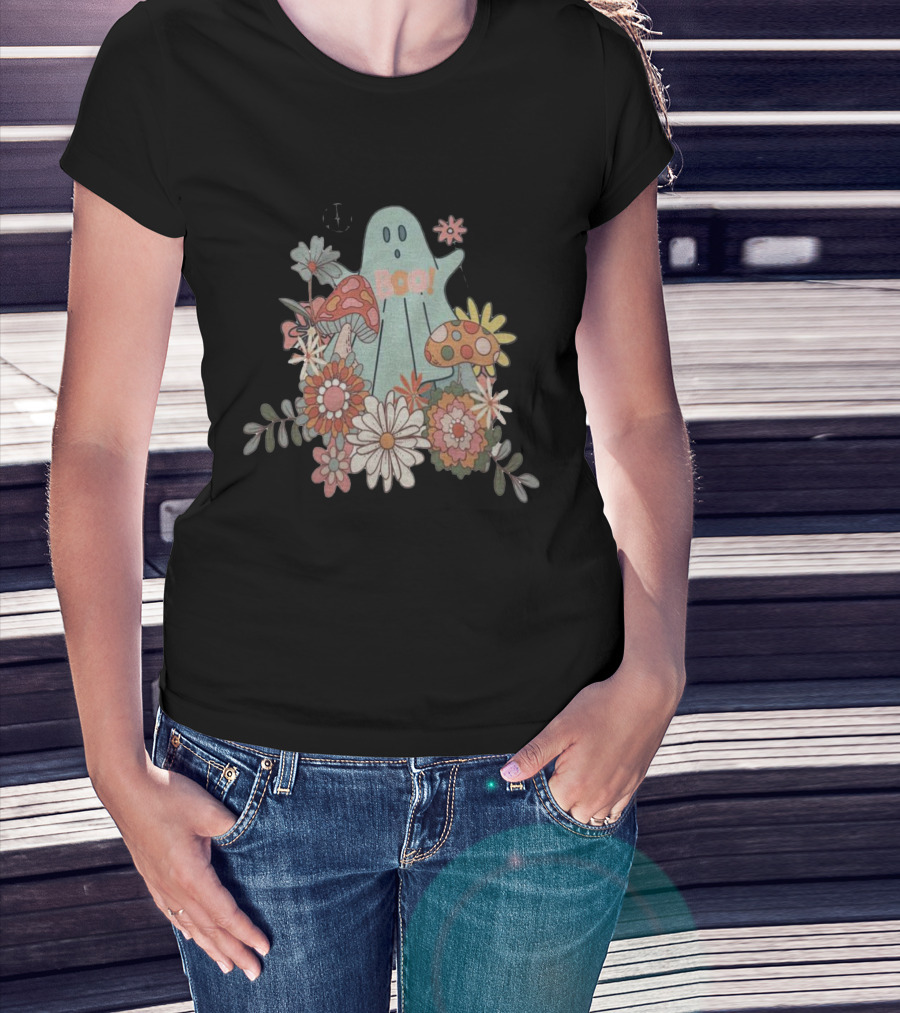 Hippie Boo Ghost With Flowers And Colorful Mushrooms T-Shirt