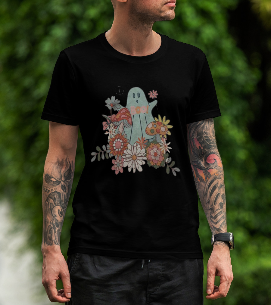 Hippie Boo Ghost With Flowers And Colorful Mushrooms T-Shirt