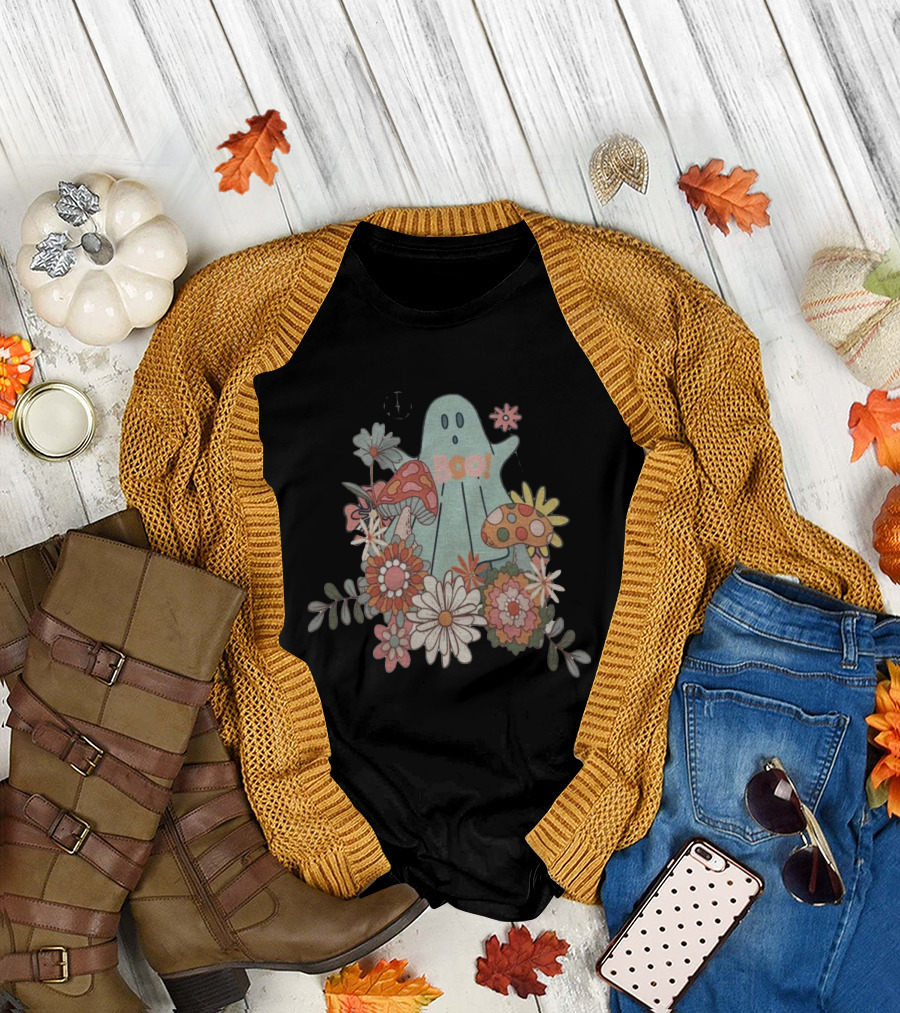 Hippie Boo Ghost with Flowers and Colorful Mushrooms T-Shirt
