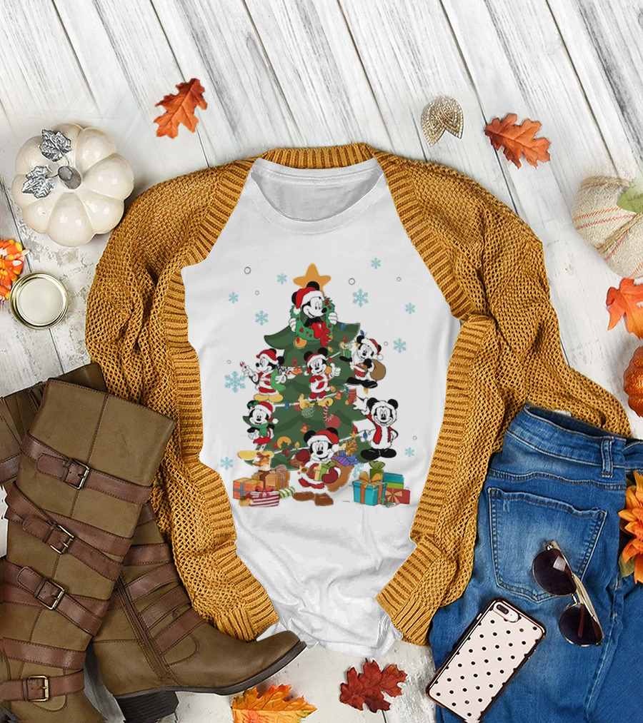 Christmas Tree Mickey Mouse Holiday Characters with Gifts and Snowflakes T-Shirt