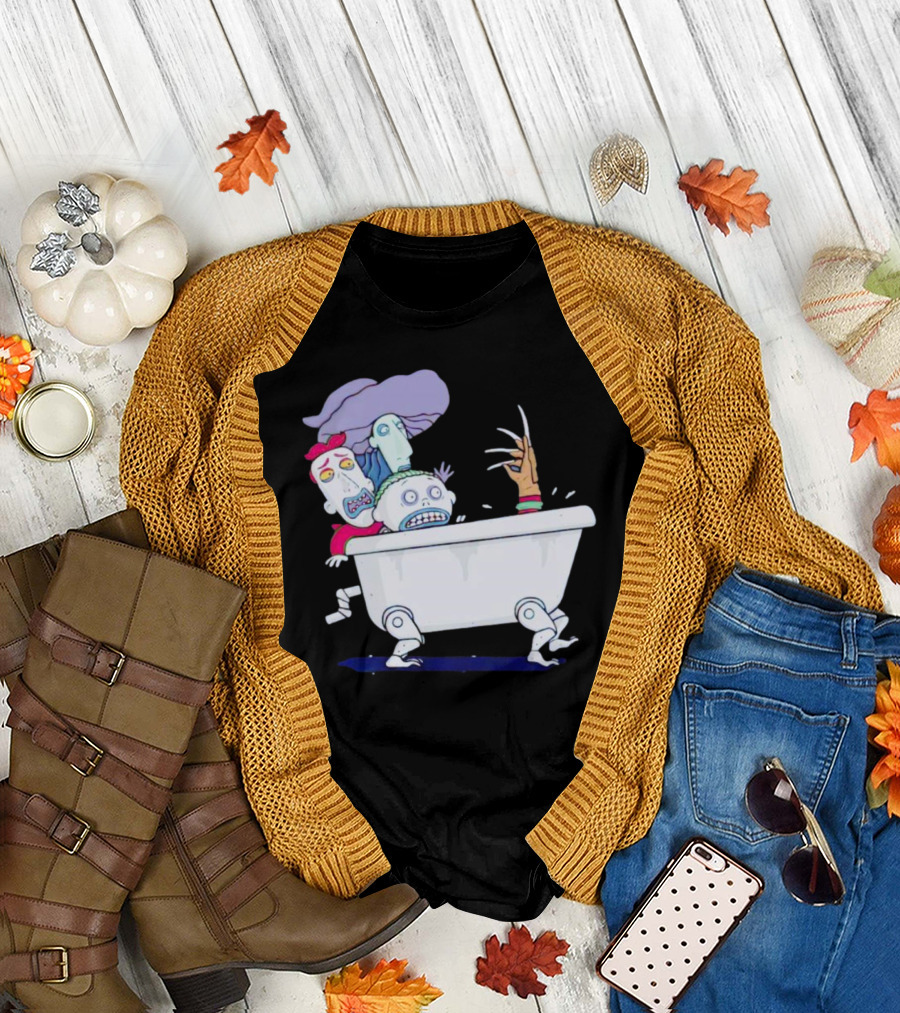 Halloween Scary Bathtub Cartoon Skeletons and Claw Hand T-Shirt
