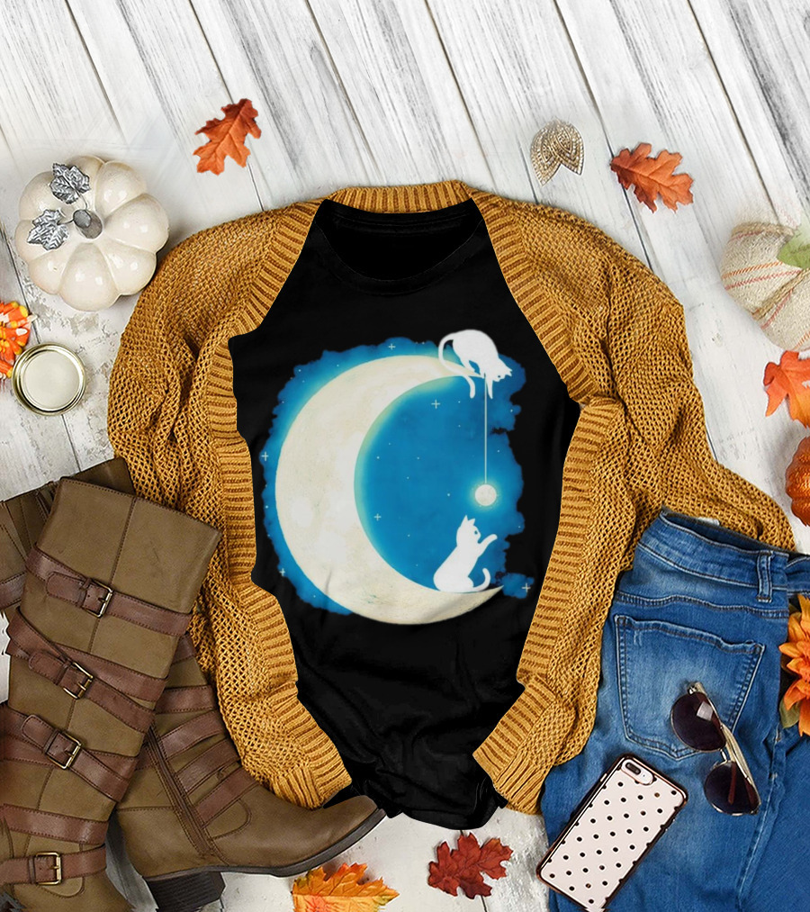 Moon Cat Playful Journey Celestial Light T-Shirt
