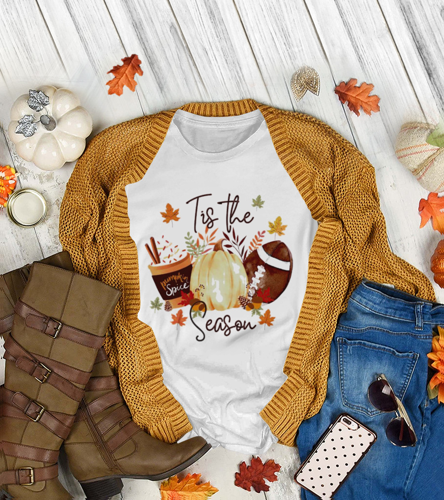 Tis the Season Pumpkin Spice Fall Leaves Football T-Shirt
