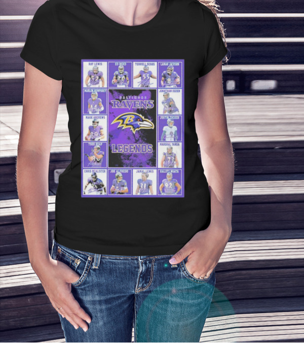 Signatures Of Baltimore Ravens Legends Featuring Ray Lewis Ed Reed Terrell Suggs Lamar Jackson Jonathan Ogden Justin Tucker T-Shirt