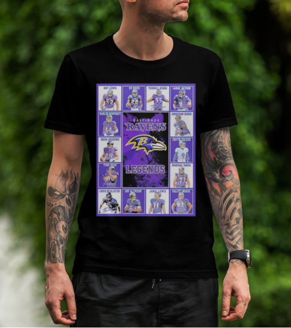Signatures Of Baltimore Ravens Legends Featuring Ray Lewis Ed Reed Terrell Suggs Lamar Jackson Jonathan Ogden Justin Tucker T-Shirt