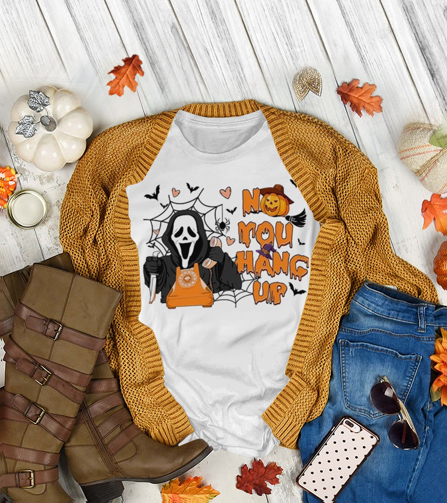 No You Hang Up Ghost with Pumpkin Phone Halloween Bats and Cobwebs T-Shirt