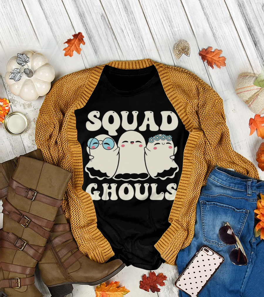 Squad Ghouls Halloween Cute Ghosts with Glasses and Flowers T-Shirt