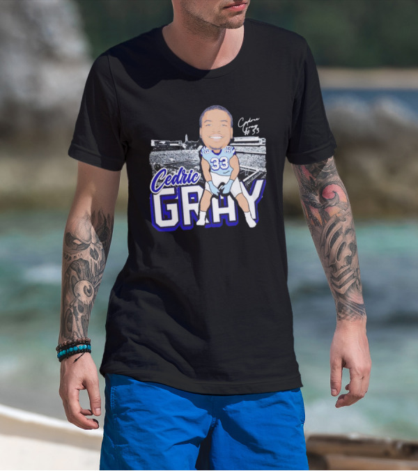 Cedric Gray #33 Caricature Football Stadium Signature T-Shirt