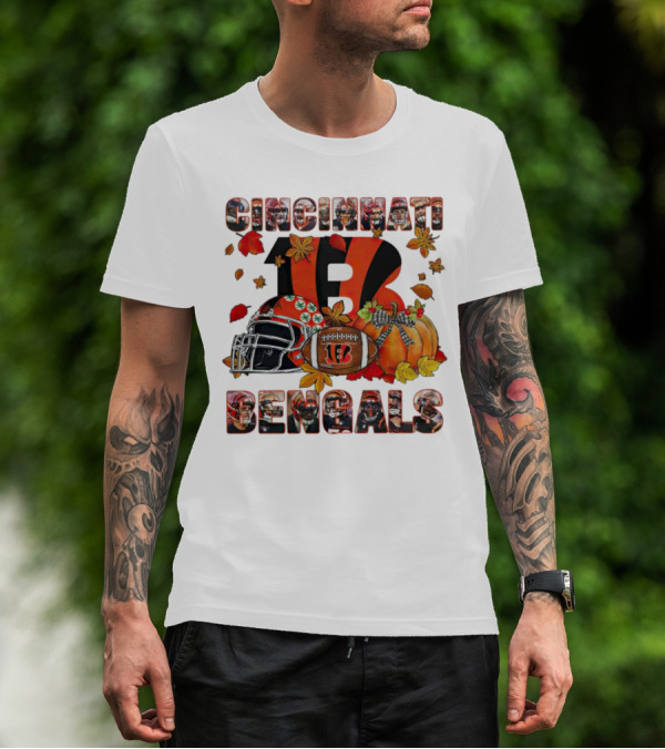 Cincinnati Bengals Autumn Leaves Helmet Football Pumpkin T-Shirt