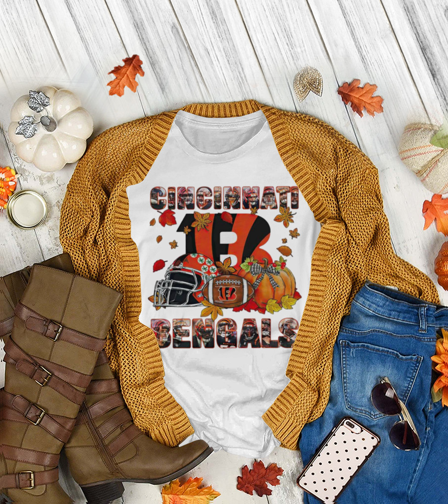 Cincinnati Bengals Autumn Leaves Helmet Football Pumpkin T-Shirt