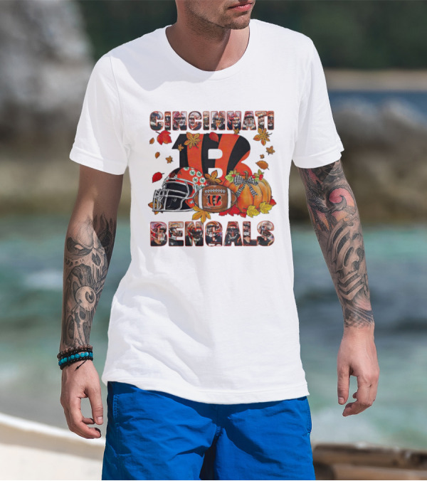 Cincinnati Bengals Autumn Leaves Helmet Football Pumpkin T-Shirt
