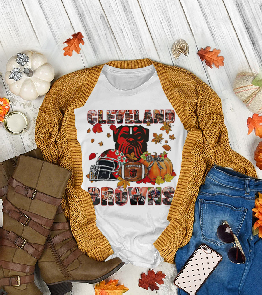 Cleveland Browns Fall Helmet Pumpkin Leaves Football Dog T-Shirt
