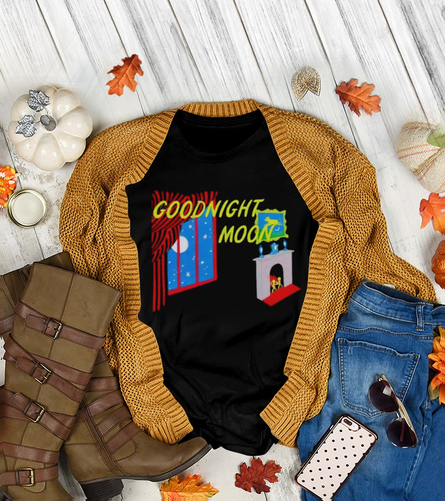 GOODNIGHT MOON Window Night Scene with Fireplace Moon Stars T-Shirt