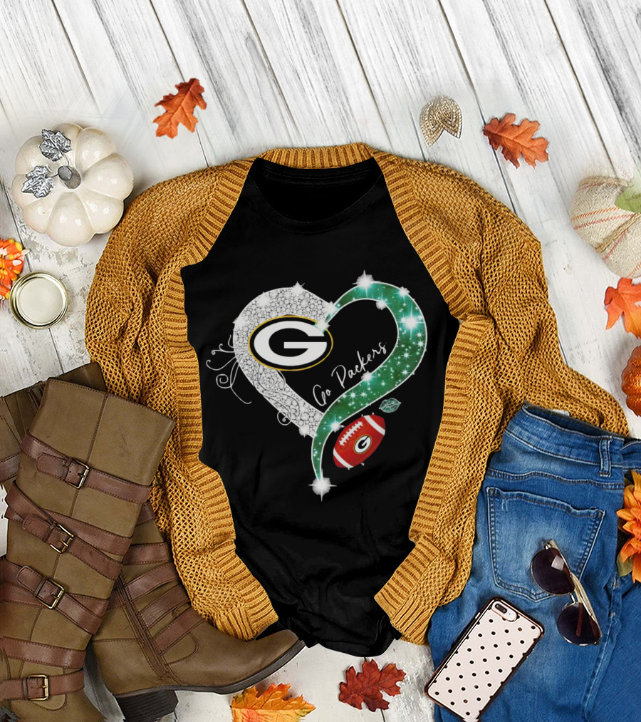 Green Bay Packers Heart Go Packers Diamond Blink Football T-Shirt