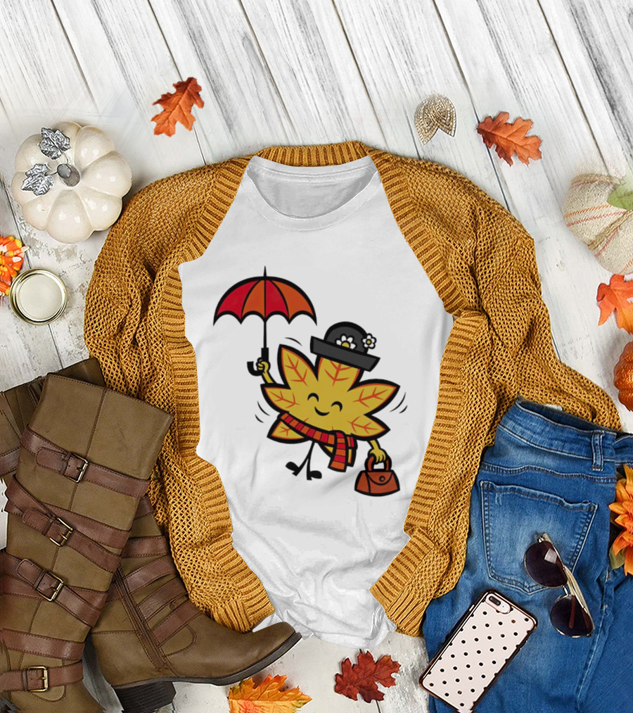 Mary Autumn Leaf with Umbrella and Bag T-Shirt