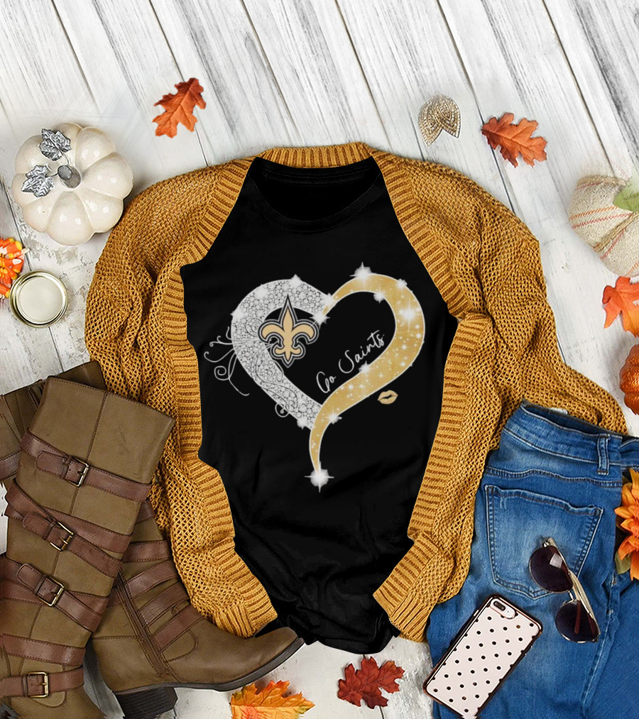 New Orleans Saints Go Saints Fleur-de-Lis Diamond Heart with Gold Sparkle T-Shirt