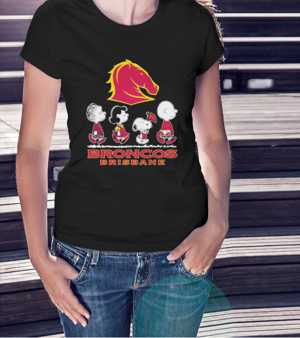 Broncos Brisbane Peanuts Characters Walking Under Horse T-Shirt
