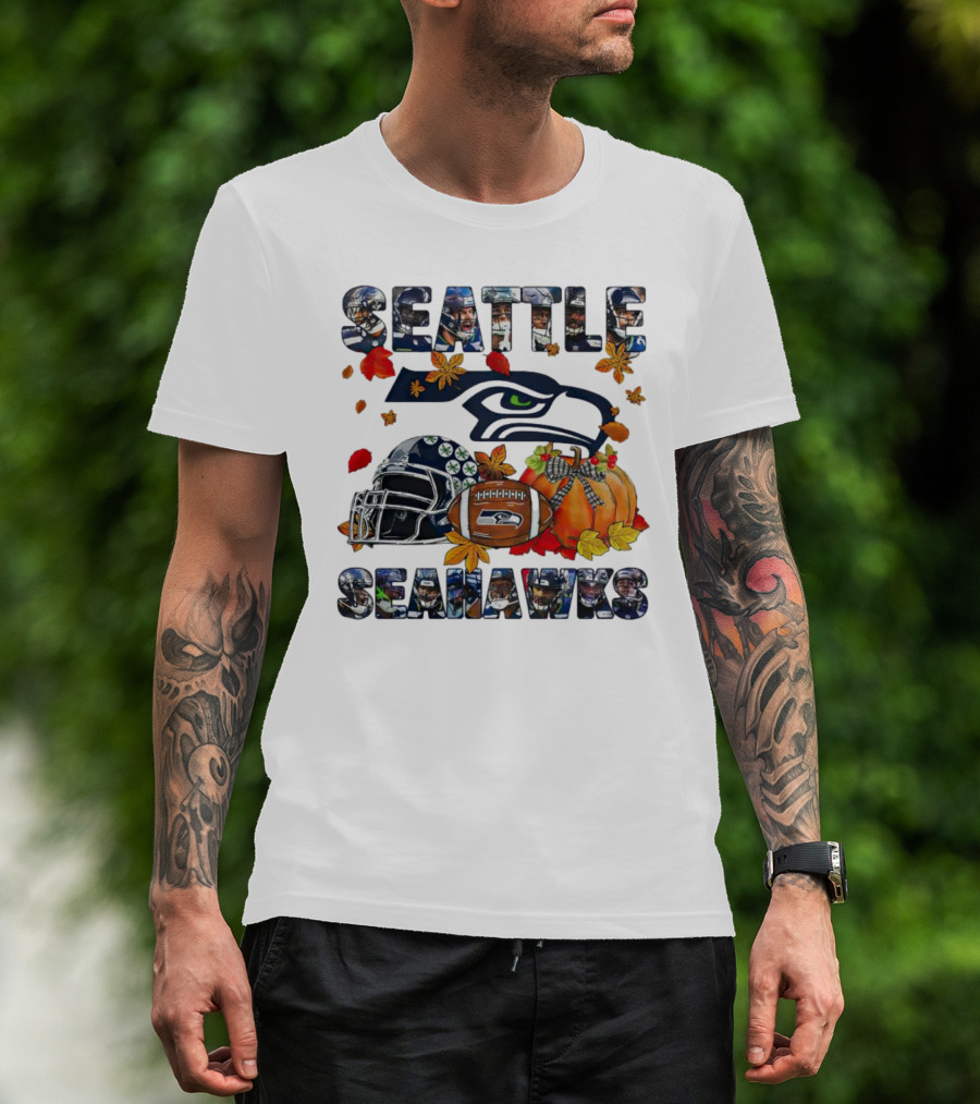 Seattle Seahawks Autumn Leaf Helmet Football Pumpkin T-Shirt