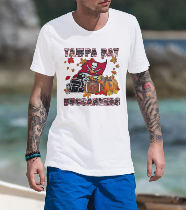 Tampa Bay Buccaneers Helmet Pumpkin Fall Football Leaves T-Shirt