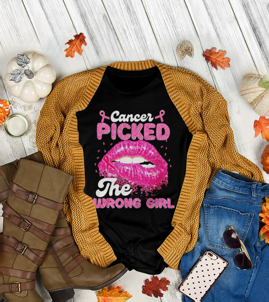 Cancer Picked the Wrong Girl Pink Ribbon Lips T-Shirt