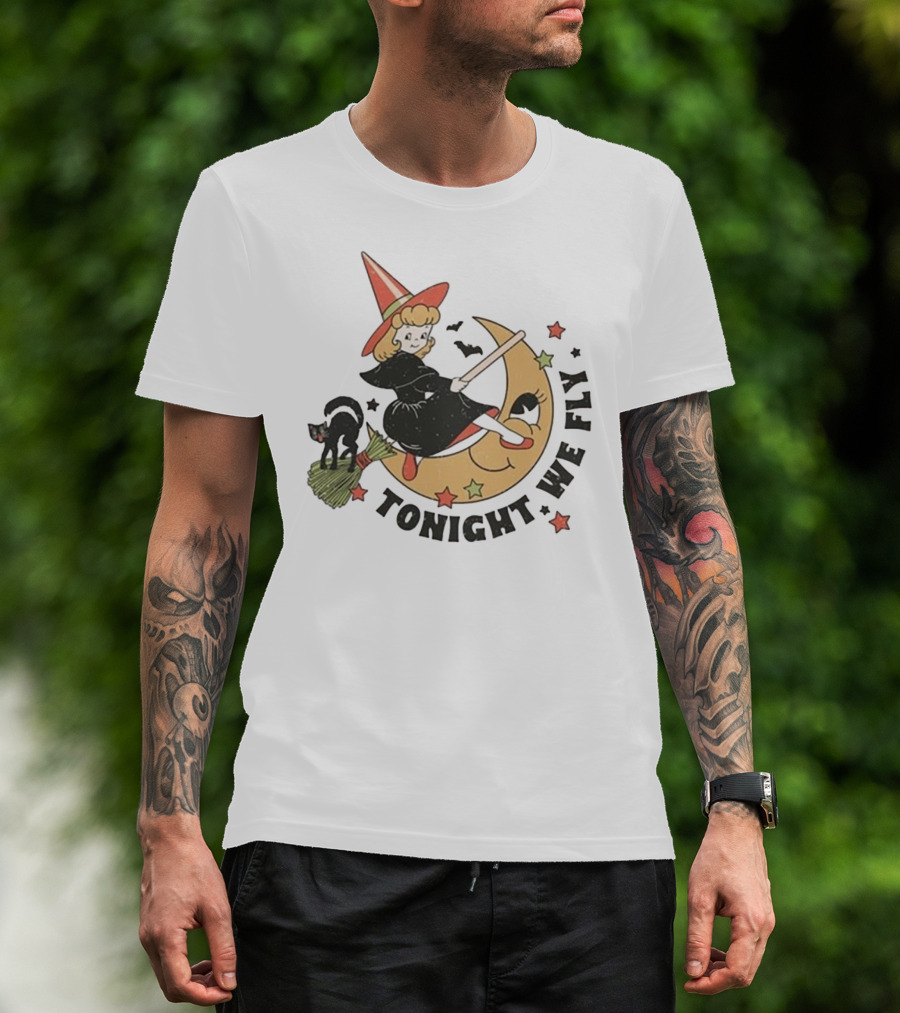 Tonight We Fly Witch On Moon Halloween Cat Stars T-Shirt
