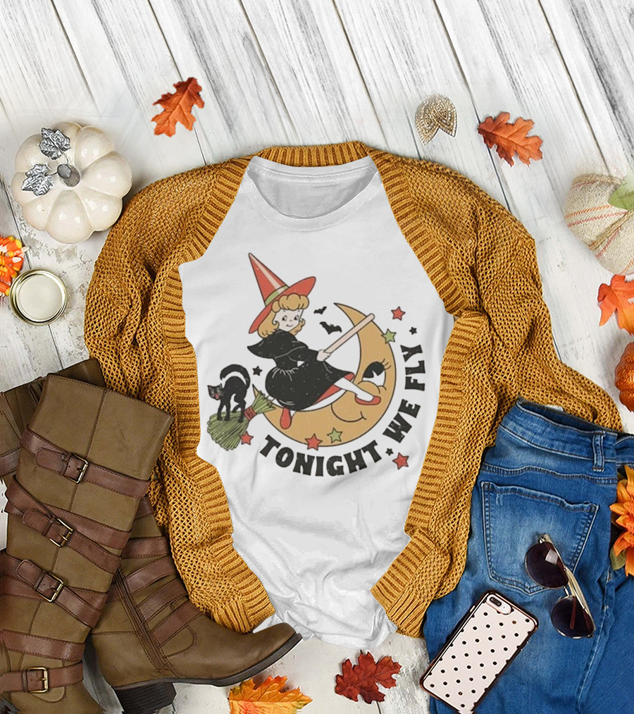 Tonight We Fly Witch on Moon Halloween Cat Stars T-Shirt