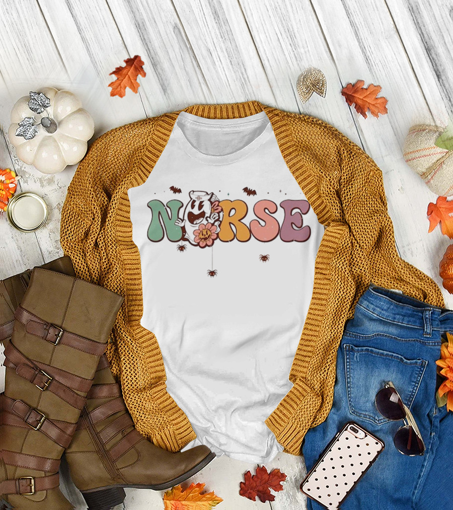 Halloween Nurse Spooky Cartoon Bats Cute Smiling Flower T-Shirt