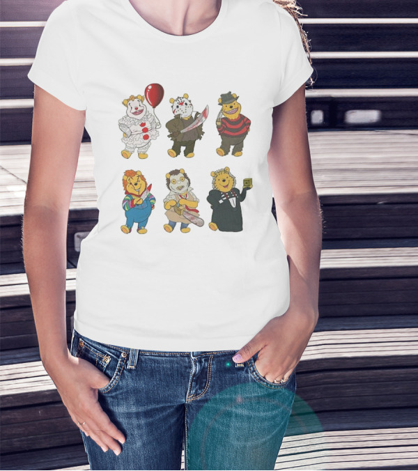 Pooh Bear Halloween Horror Characters Pennywise Jason Freddy Chucky Leatherface Pinhead T-Shirt