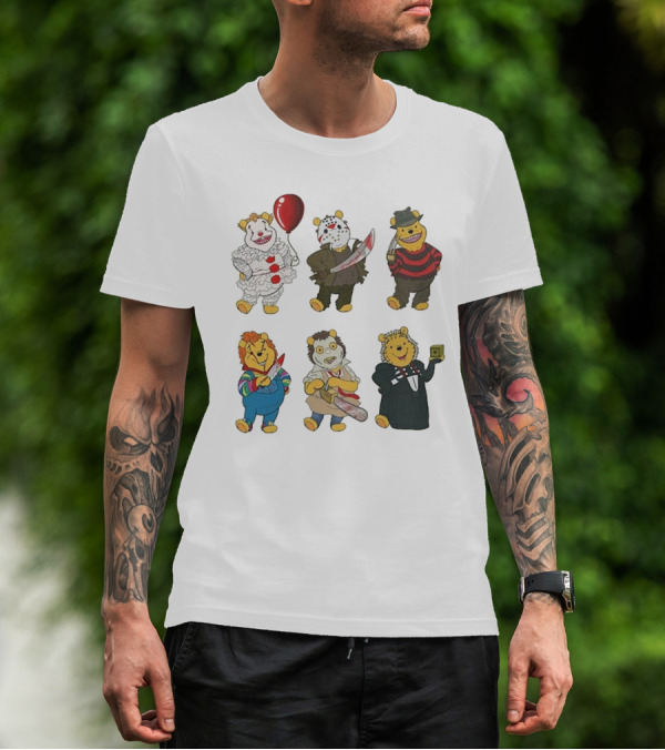 Pooh Bear Halloween Horror Characters Pennywise Jason Freddy Chucky Leatherface Pinhead T-Shirt