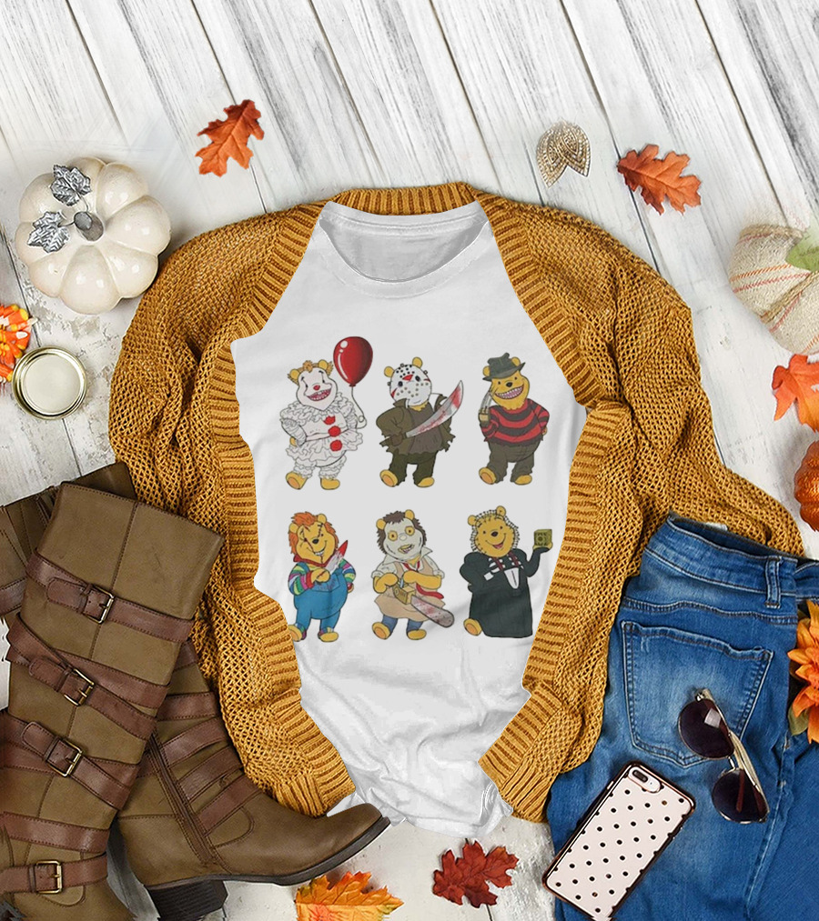 Pooh Bear Halloween Horror Characters Pennywise Jason Freddy Chucky Leatherface Pinhead T-Shirt