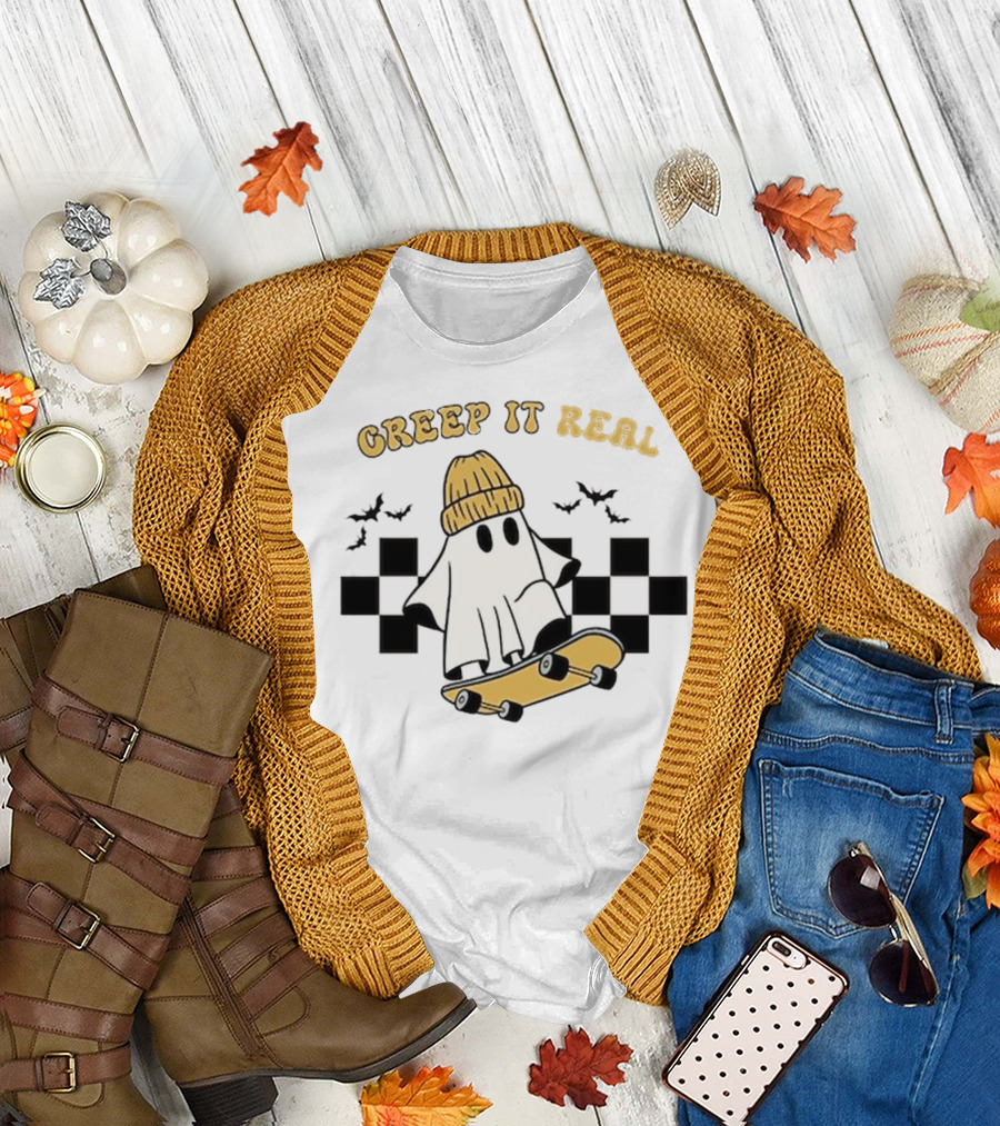 Creep It Real Retro Halloween Ghost Skateboard Bats T-Shirt