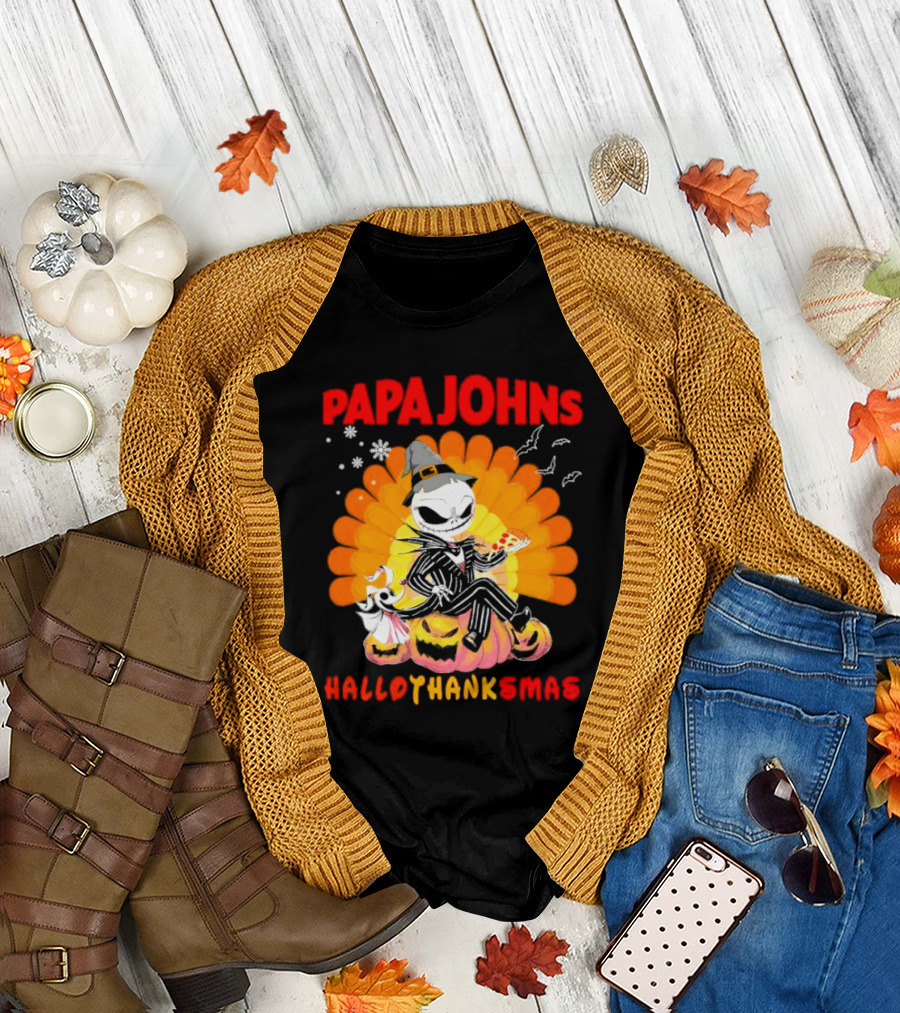 Papa Johns Jack Skellington Halloween HalloThanksMas Turkey Pizza T-Shirt