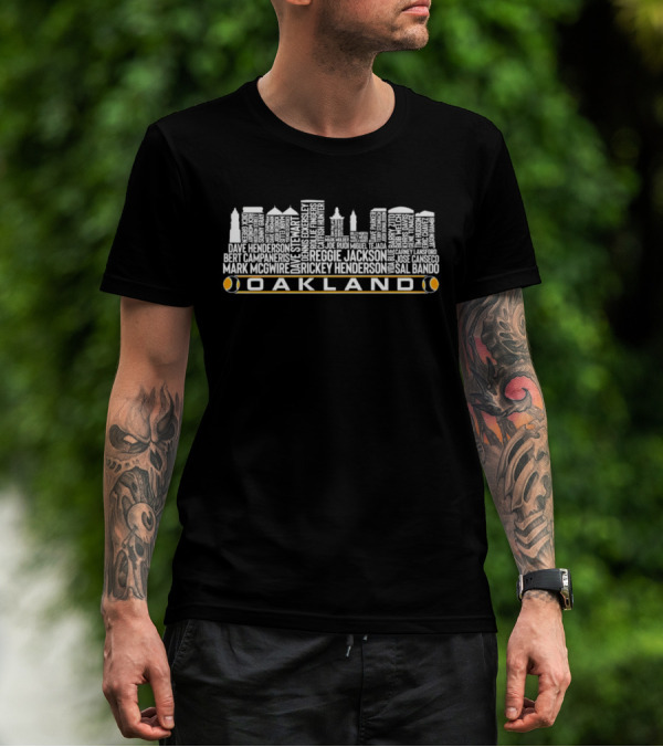 Oakland Baseball Skyline With Reggie Jackson Rickey Henderson Player Names T-Shirt