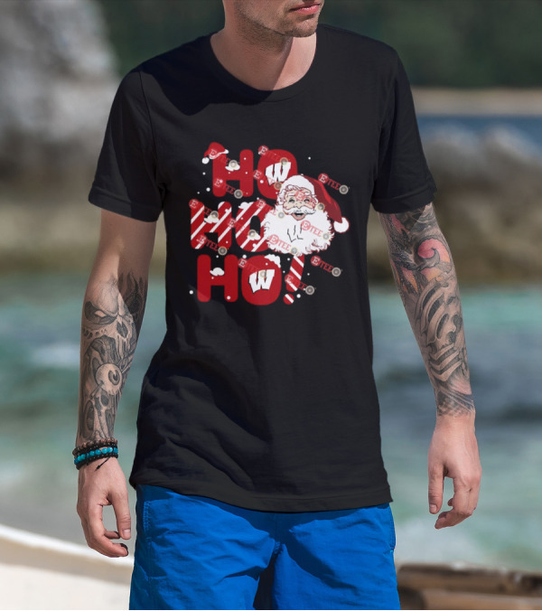 Wisconsin Badgers Santa Claus Ho Ho Ho Christmas Holiday Cheer T-Shirt