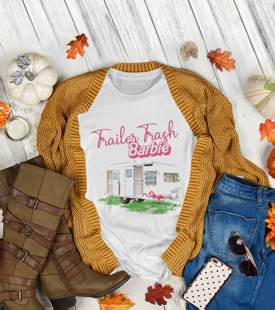 Trailer Trash Barbie Camping Scene with Flamingo and Trailer T-Shirt