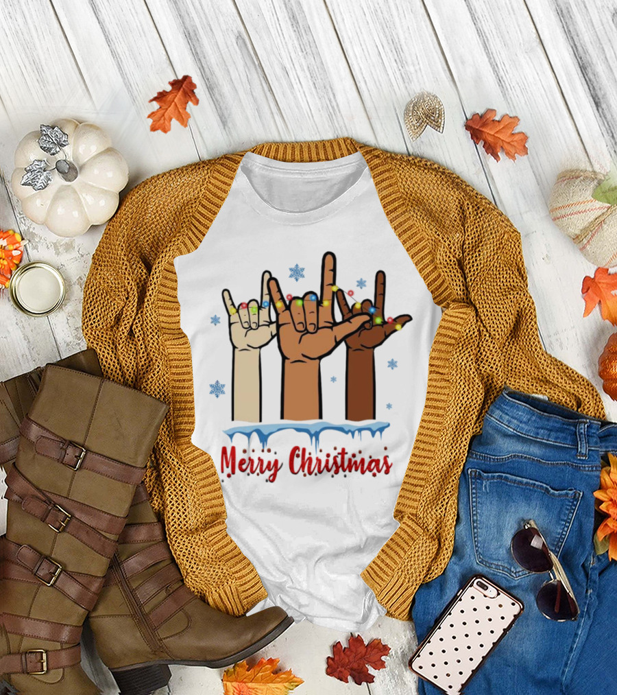 Merry Christmas Deaf Awareness Hand Sign Language with Snowflakes and Festive Lights T-Shirt