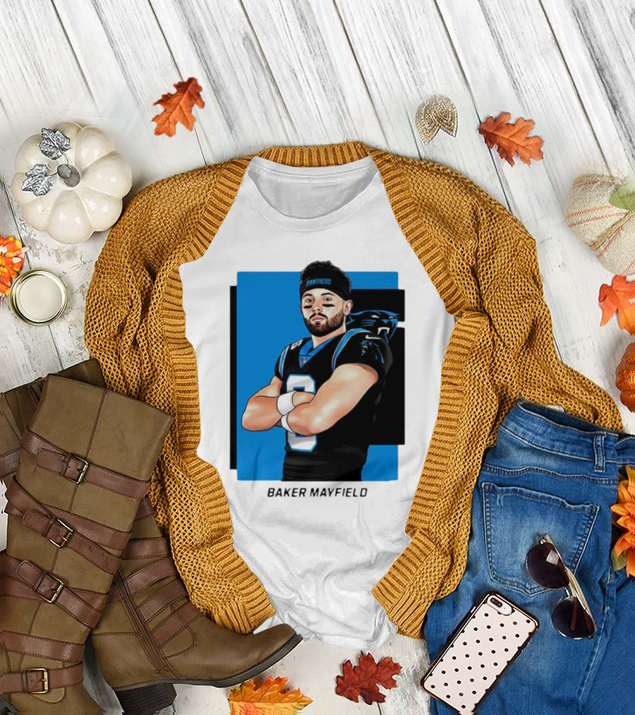 Carolina Panthers Baker Mayfield Artwork with Team Uniform T-Shirt