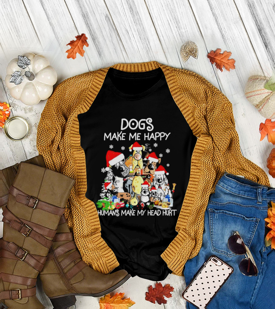 Dogs Make Me Happy Humans Make My Head Hurt Christmas Santa Hat Snowflakes T-Shirt