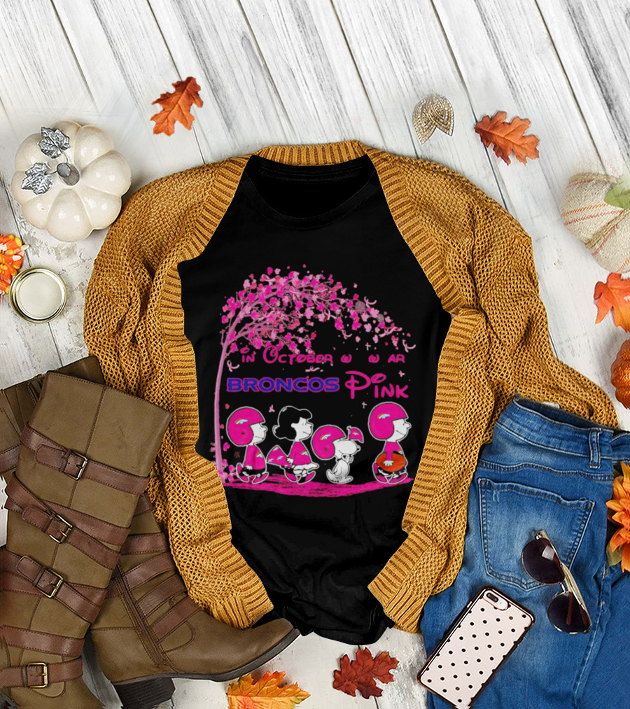 Peanuts Characters in October We Wear Broncos Pink Breast Cancer Awareness T-Shirt