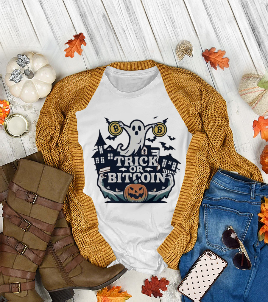 Trick or Bitcoin Ghost Halloween with Haunted Houses and Pumpkin T-Shirt