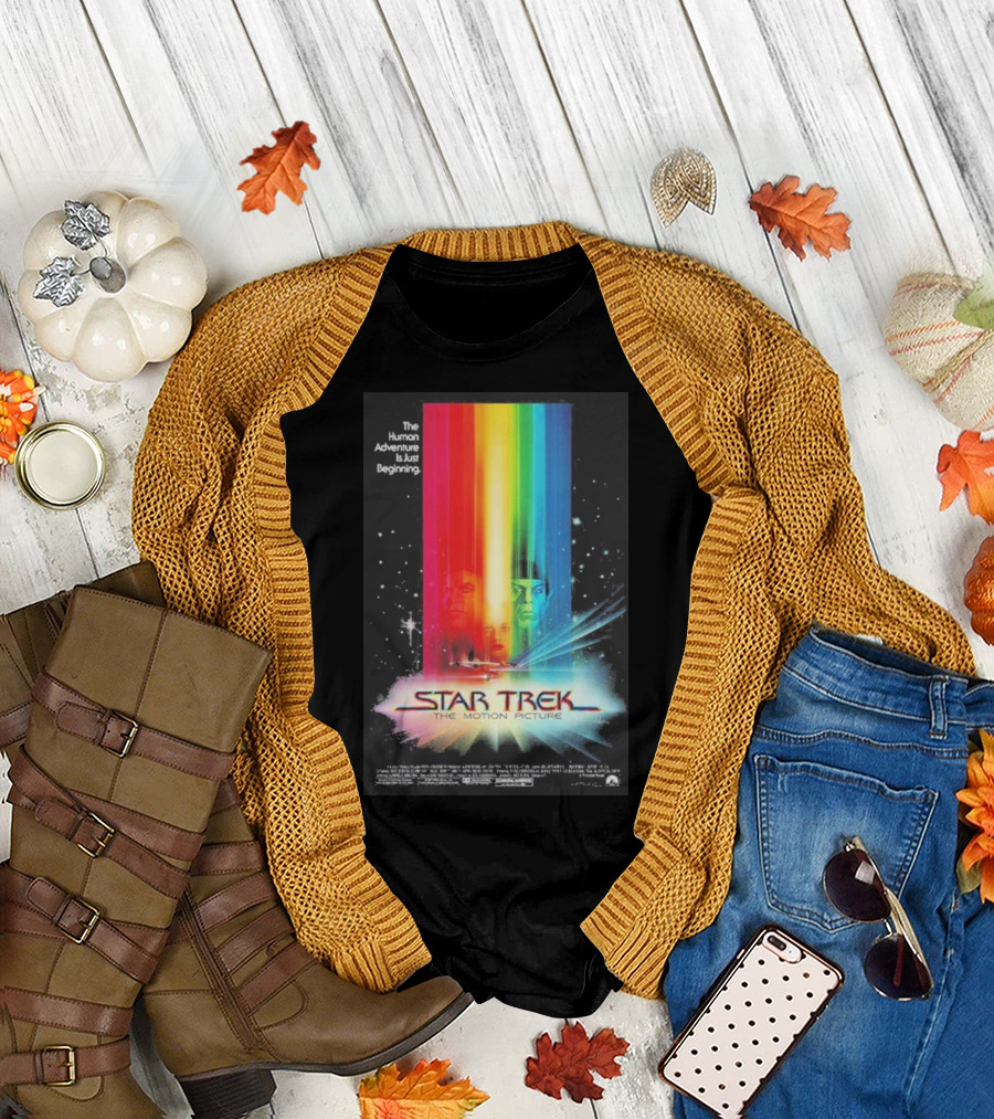Star Trek The Motion Picture The Human Adventure Is Just Beginning Colorful Light Beams and Starry Background T-Shirt