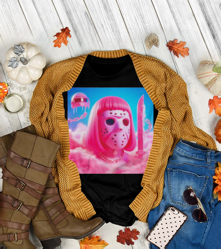 Pink Friday The 13th Jason Hockey Mask and Knife in Pink Clouds T-Shirt