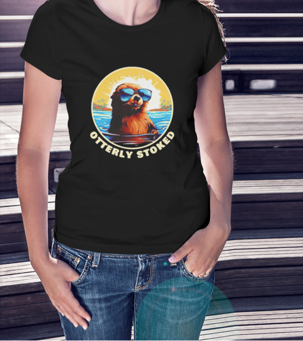 Otterly Stoked Sunglasses Otter With Tropical Ocean Background T-Shirt