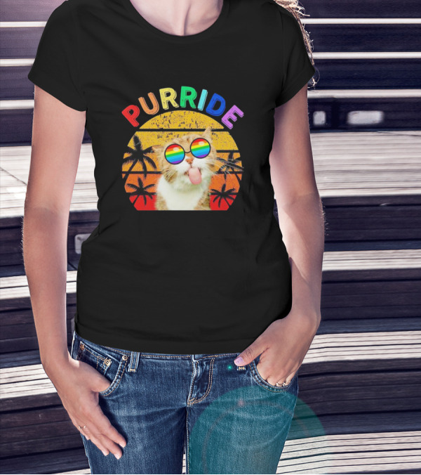 Purride Cat Tongue Out Rainbow Sunglasses Palm Trees Vintage Sunset T-Shirt