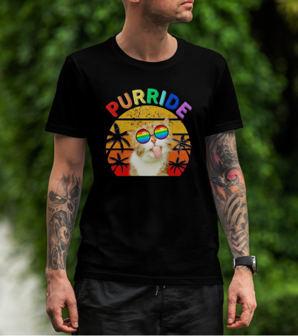 Purride Cat Tongue Out Rainbow Sunglasses Palm Trees Vintage Sunset T-Shirt
